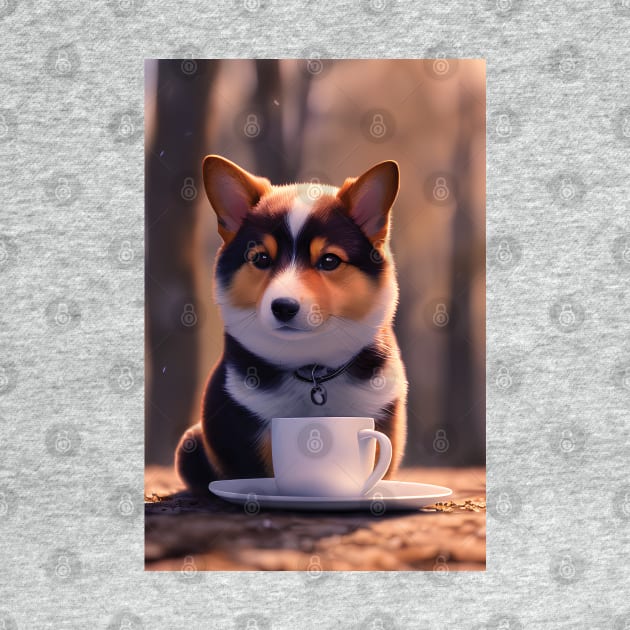 Corgi with a mug cup of morning coffee by akwl.design